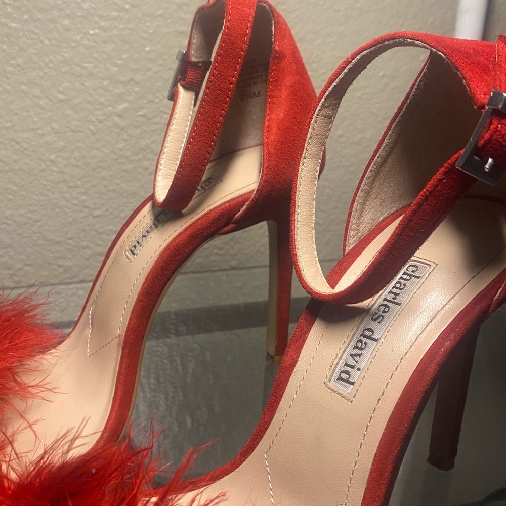 CHARLES DAVID Red Feathered Heels - Picture 5 of 11